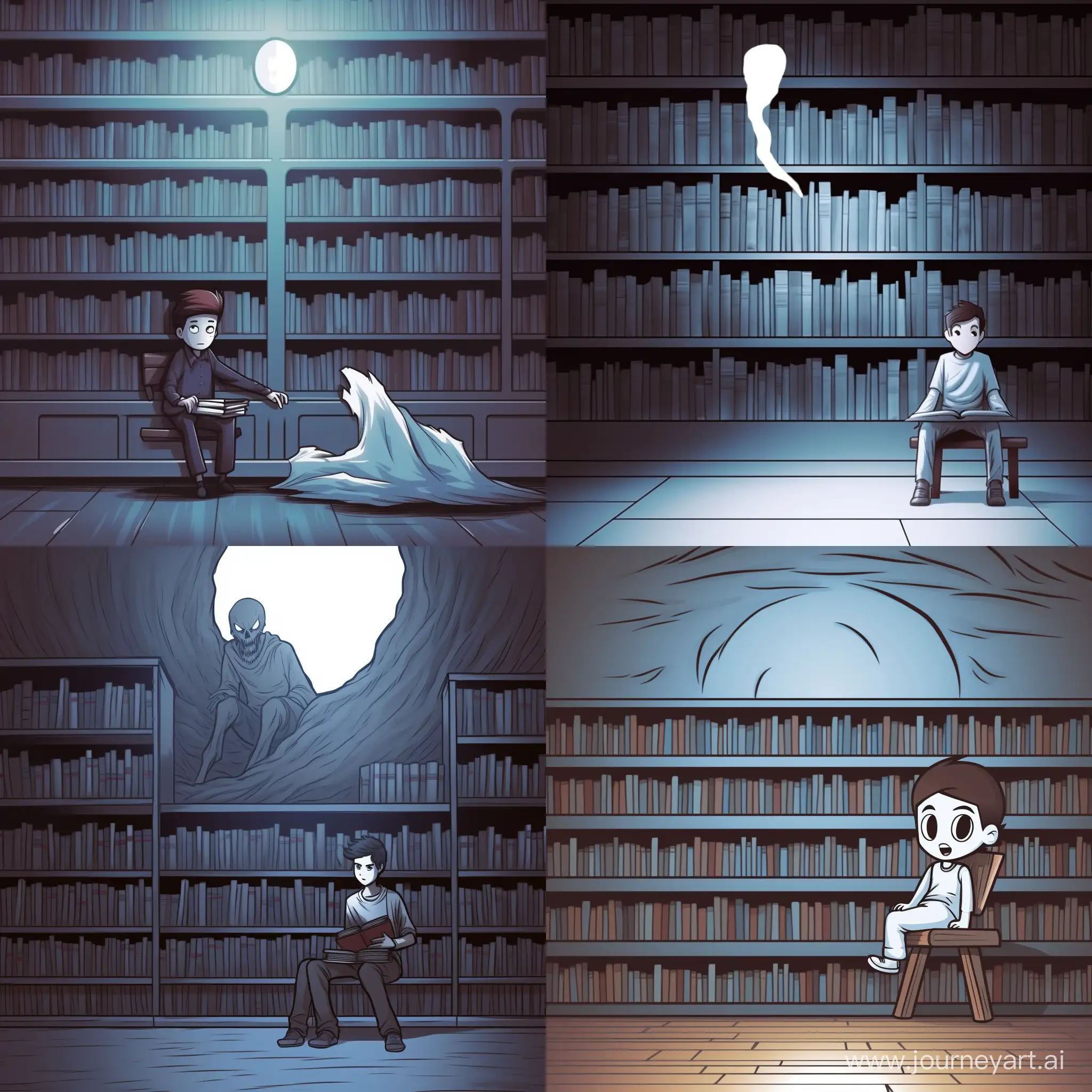 student reading a book  in library with small ghost  upon him comic style 