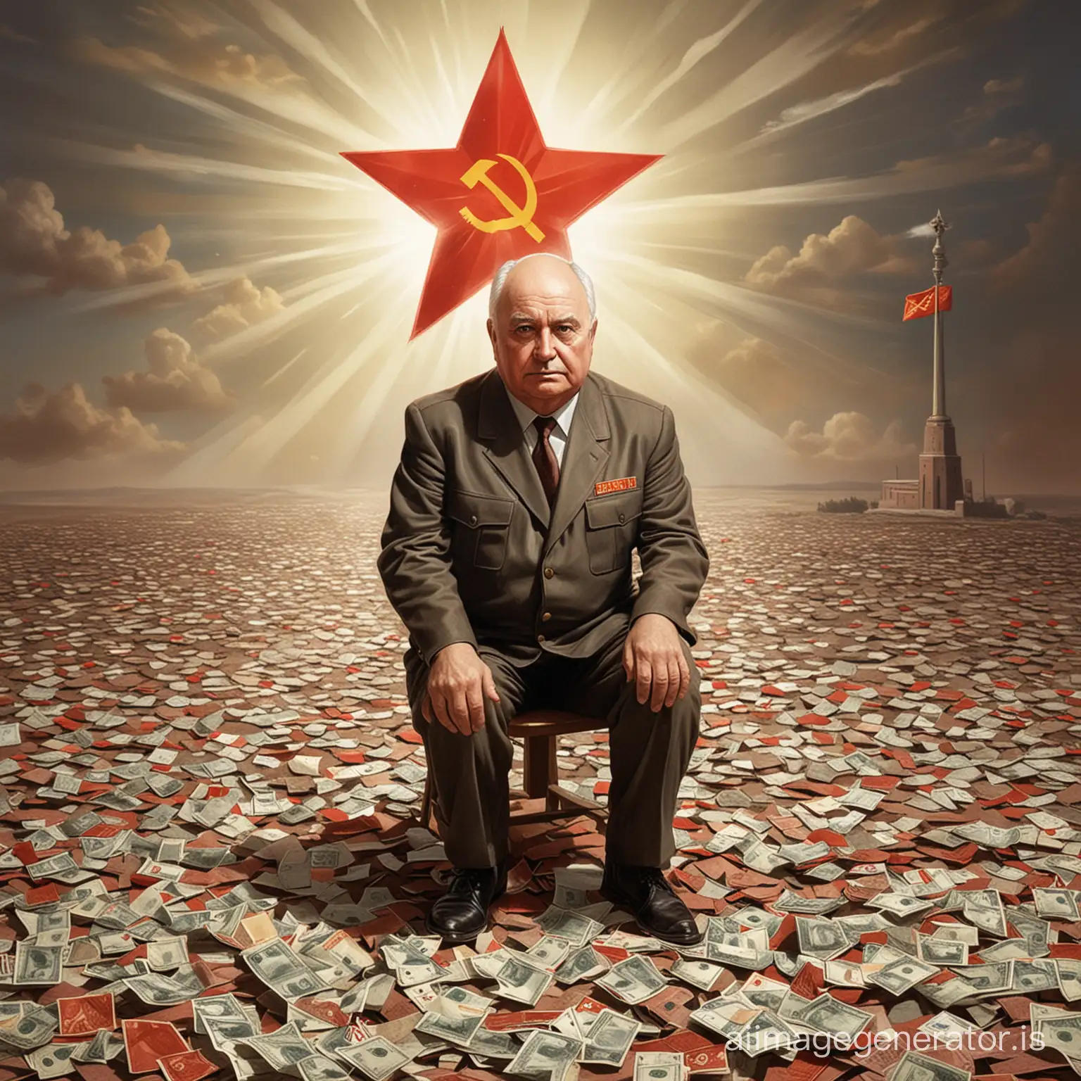 Take a photo, in the style of a caricature: "It is desirable to create a caricature where the USSR is represented as a huge bust of a Soviet leader, possibly with an image of Mikhail Gorbachev, shining with power and authority. Above him is a shining ray symbolizing the 'bright future' and the superiority of the ideology. The USA, in turn, are depicted as a small cowboy sitting on the ground and looking up at the USSR with astonishment and envy. Around the cowboy, scattered dollars and destroyed US flags are visible, emphasizing their 'decline' in front of the power of the Soviet Union. The overall impression should emphasize the idea of the superiority and power of the USSR over the USA in this caricature."
