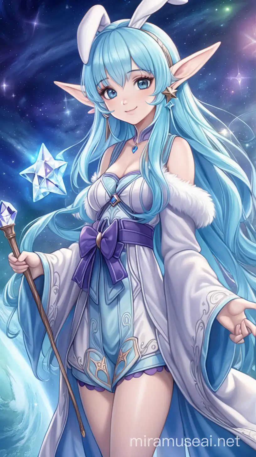  High-quality anime illustration of a cute and beautiful elf girl, rabbit nose, light blue fur, long elf ears, blue and purple hair, very long wavy hair down, blue eyes, wearing a magical space robe, adventures clothing, soft and gentle expression, detailed hair, cute and kawaii expression, magical atmosphere, anime, detailed eyes, fluffy design, professional, 8k, hd, high resolution, best quality, warm lighting, cute, smiling at viewer, innocent, medium breasts, thighs, star earring, background is in space, beauty, space beauty, holding a crystal staff