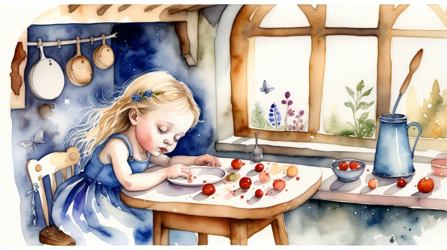 A watercolour fairytale picture. In fairyland. A small dark blond baby girl with blue eyes falling asleep in a fairy kitchen





