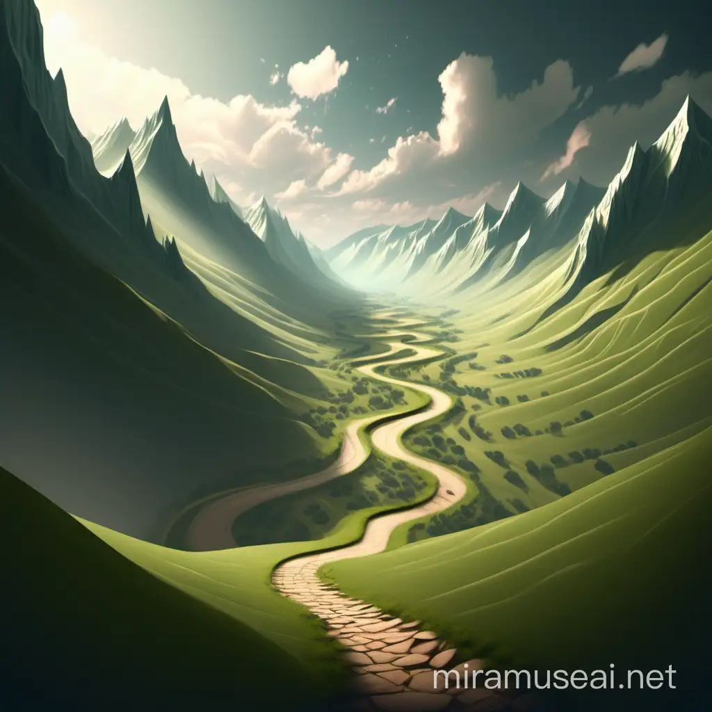 Serene Valley Landscape with Winding Path and Play of Shadows