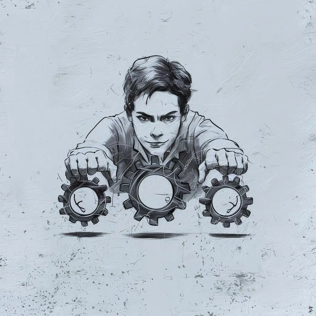 person pushing three small gears, schematic image, white background