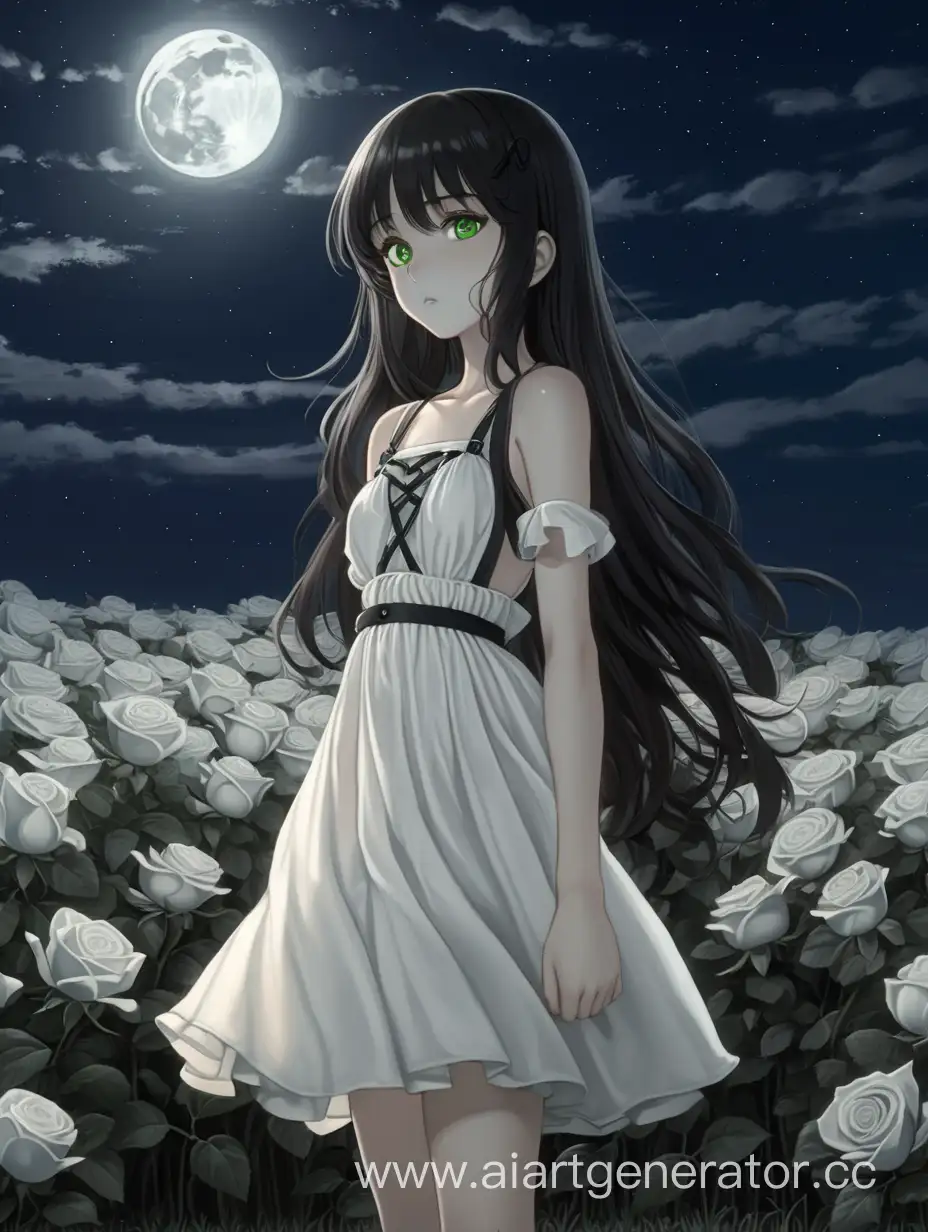 sad anime girl with fair skin, wavy long black hair, green-brown eyes in a short white dress with straps, stands in a field of white roses at night on the full moon