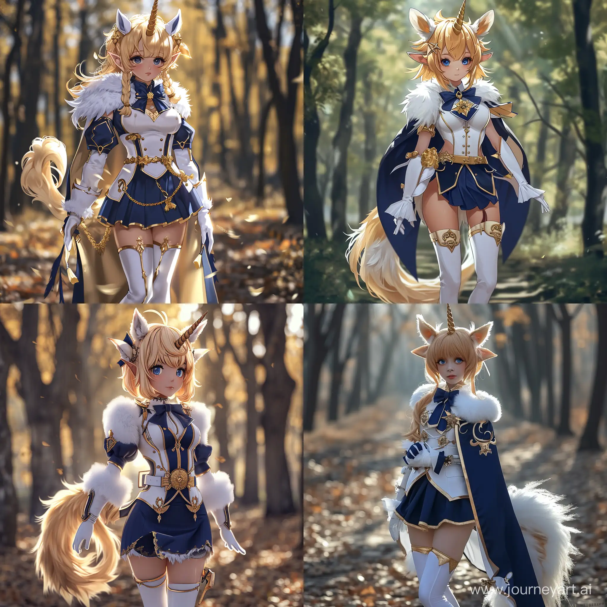 anime style, full-body image, beautiful young centaur woman, muscular, athletic, fair-skinned, golden blonde hair in a high ponytail, pure white horse fur, golden blonde horse tail, golden blonde feathering, golden unicorn horn, blue eyes, pointed elf ears, navy blue and white uniform with gold decorations, long white gloves, short navy blue cape, navy blue bow in her hair, navy blue bow in her tail, navy blue skirt, standing alone in a forest during the day