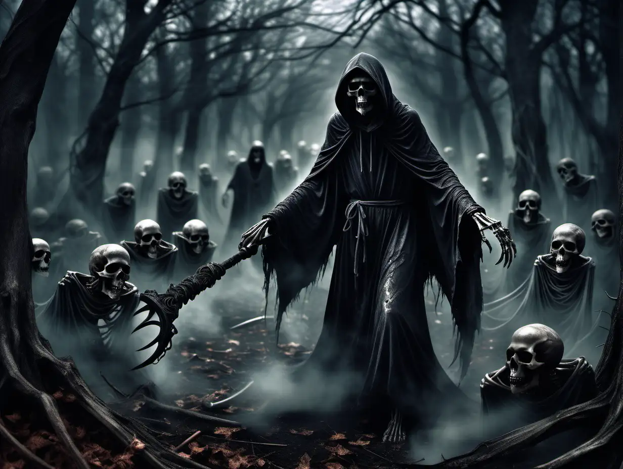 In the dimly lit realm of shadows, a haunting figure emerges—cloaked in tattered darkness, the Grim Reaper strides silently, wielding a scythe that gleams with an ominous, arcane glow. Wisps of otherworldly energy dance around the skeletal hands as they reach out from the abyss, clutching the remains of souls long forgotten. The air is heavy with an eerie stillness, punctuated by the whispers of ancient incantations, casting a spell that binds the realm between life and death. A legion of skulls adorns the landscape, their vacant eye sockets now enchanted portals, revealing glimpses of mystical realms beyond mortal comprehension.