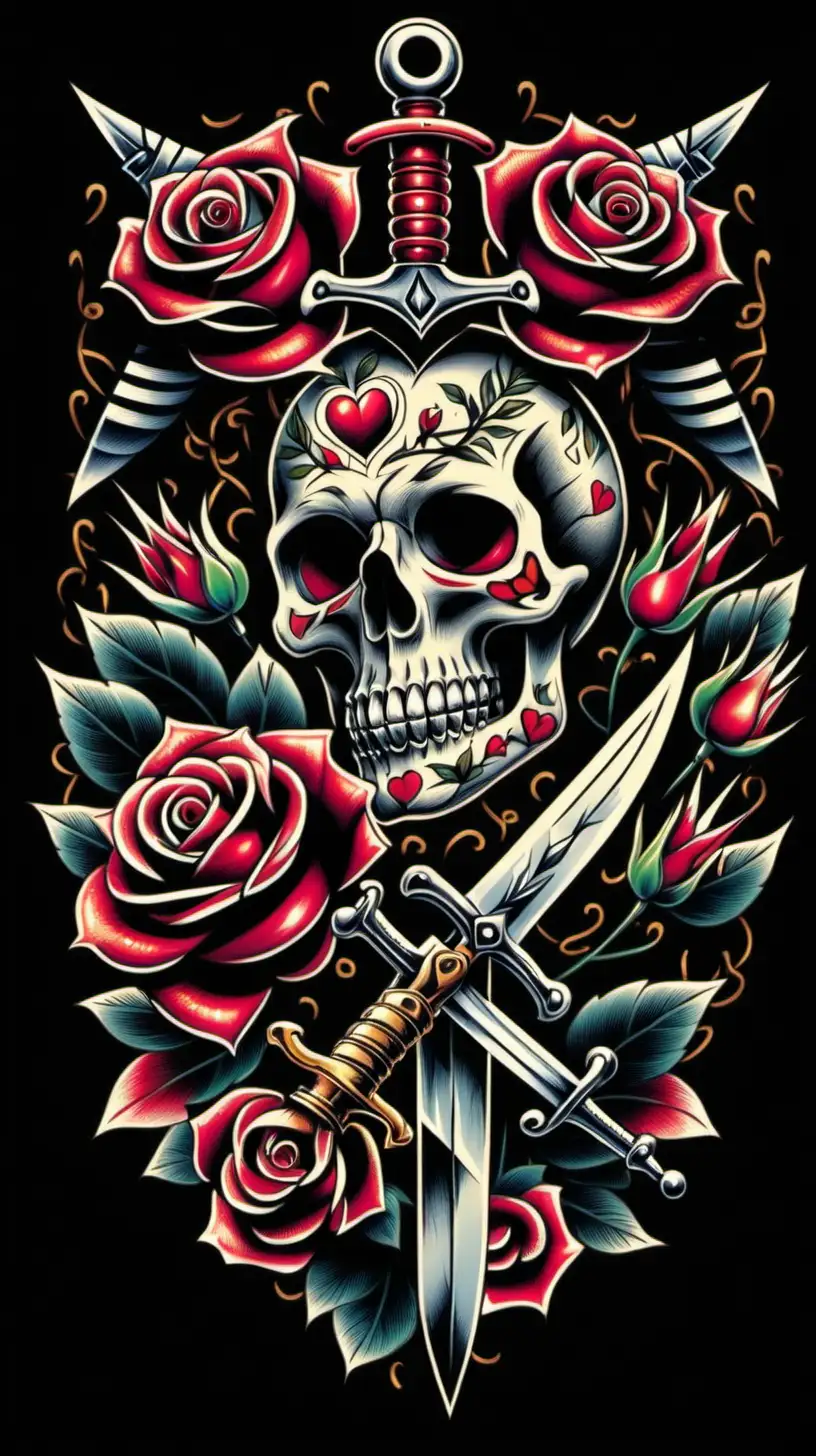Pattern, Oldschool tattoo Design Roses, skull, dagger,  Heart, black backround