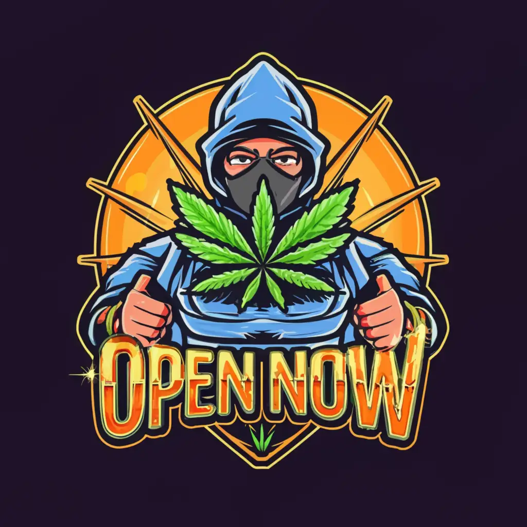 a logo design,with the text "open now", main symbol:A highly detailed weed inspired background with a cartoon character wearing a balaclava holding a bag of weed and a joint,complex,clear background