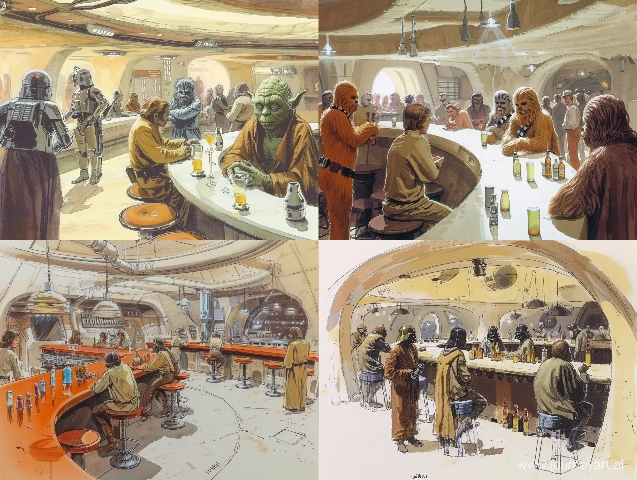 A concept art drawing of a scene from the mos eisley cantina drawn by ralph mcquarrie. 1977. Star wars. in color. retro. 

