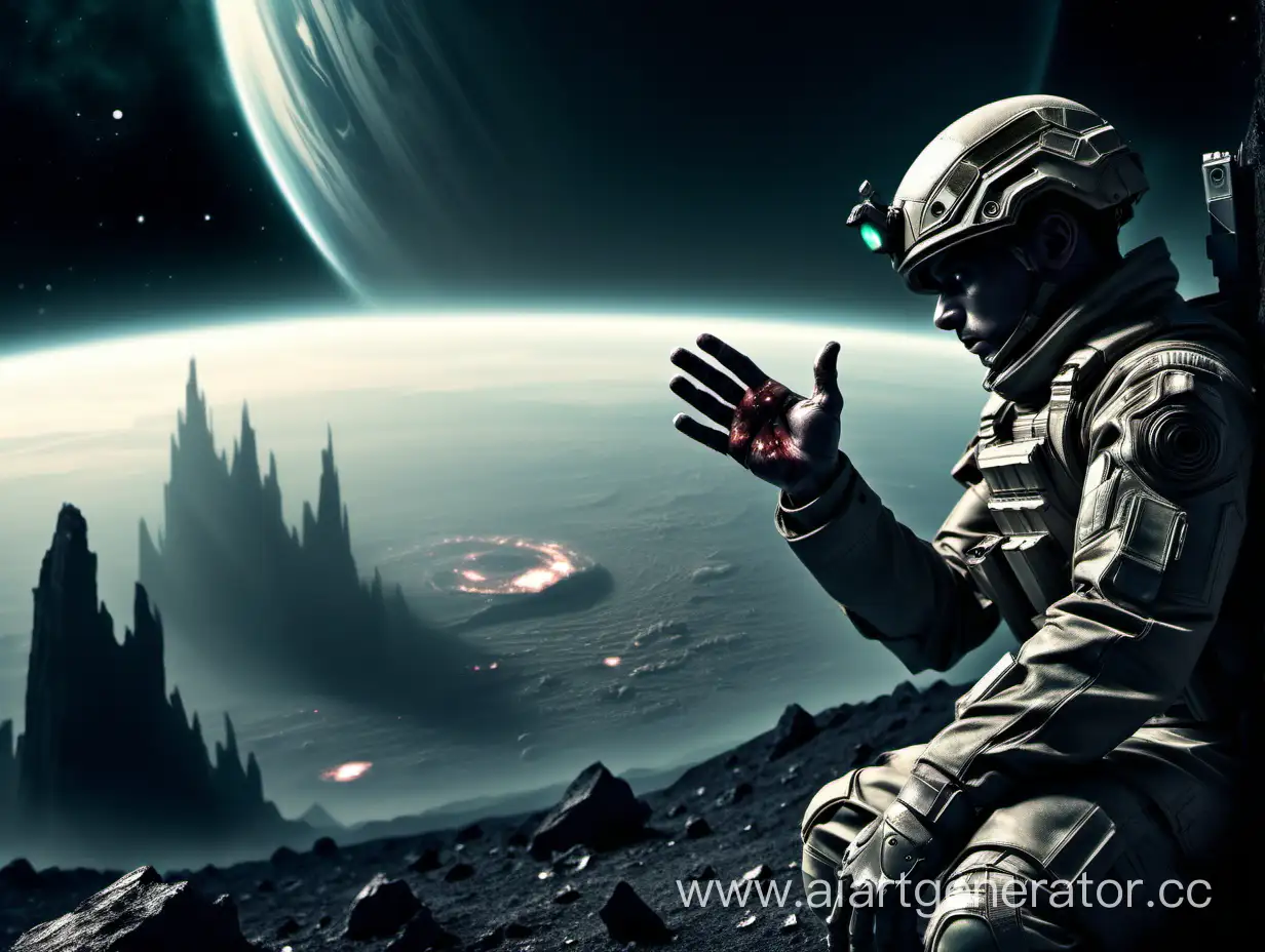 Солдат в далеком темном будущем смотрит на свою раненную руку на фоне исчезающей атмосферы планеты