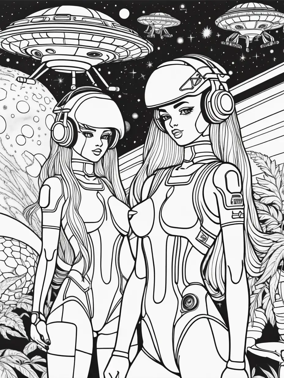 Adult coloring book, vaporwave, detailed multiple female drones full disco party, outerspace galactic , Black and white, no shading, no color, thick black outline,