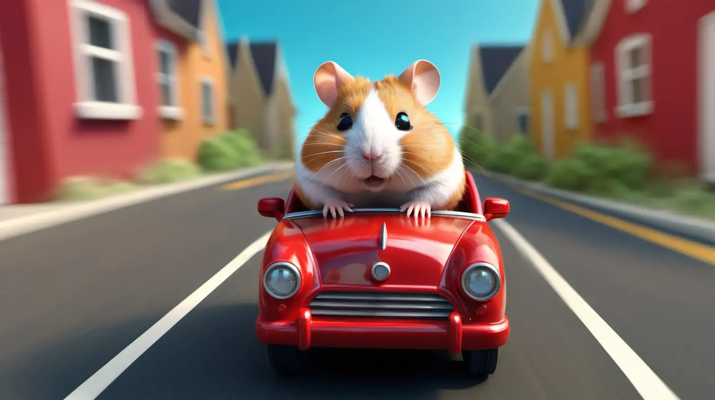 Chubby Ginger Hamster Cruising in a Red Car on the Road