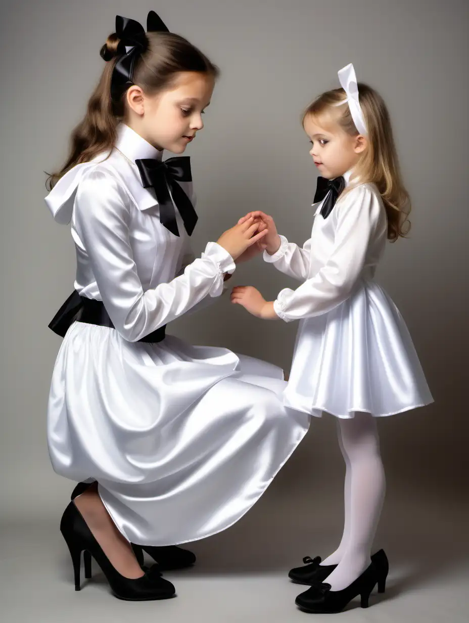 portrait of Little Girl 8 years old wearing a white satin long-sleeve blouse with big ribbon-bow collar and softly gathered white satin skirt kneels on both knees before her fairy godmother wearing a short black satin dress with high collar-bow around neck and long sleeves full body profile, with mother in faery costume with black pantyhose, high heels