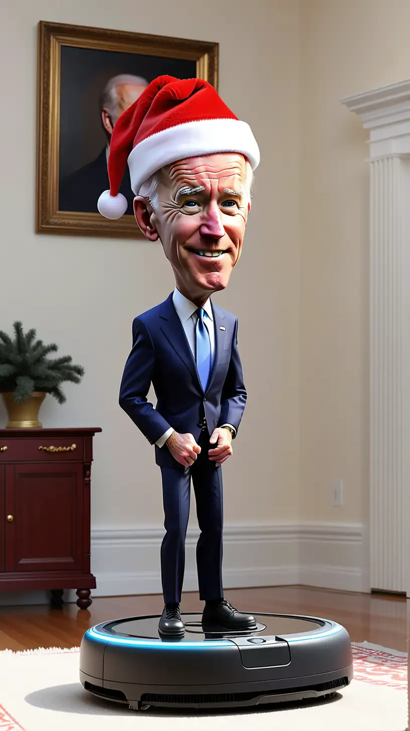 Cartoon Joe Biden in Festive Santa Hat Riding a Roomba