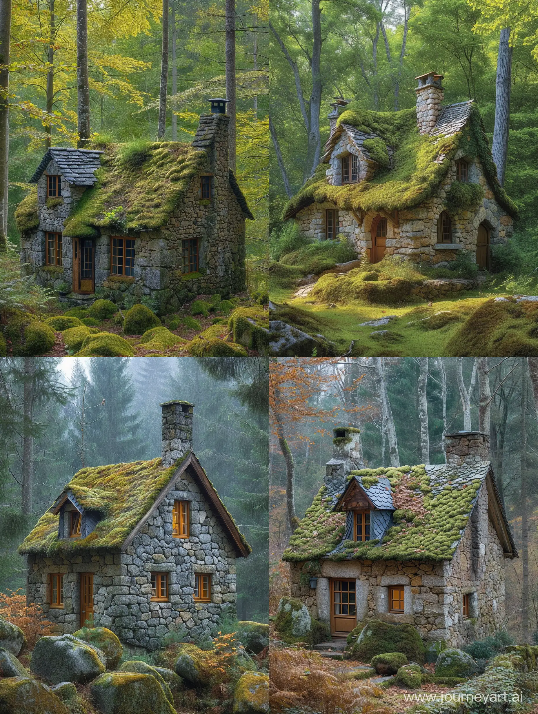 A small, cozy stone cottage with a moss-covered roof, nestled among towering trees in a lush forest --s 600