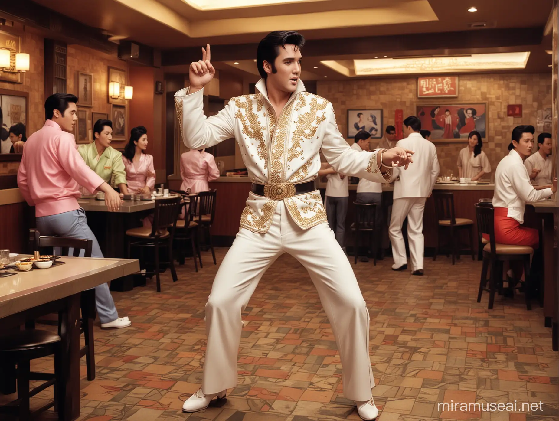 Elvis Presley Impersonator Dancing in Vibrant Korean BBQ Casino Atmosphere