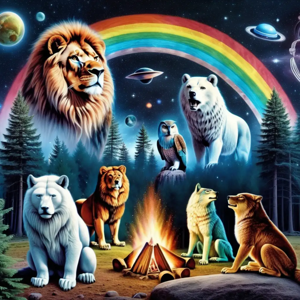 cosmic campfire music lion, bear, wolf owl ufo galactic rainbows