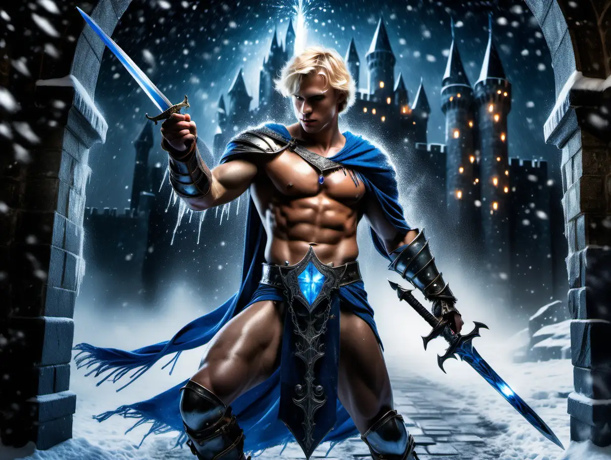 A handsome, shirtless male knight with short blonde hair, wearing bracelets and leg armor, adorned with a blue crystal necklace and a loincloth, stands in front of a castle gate amidst snowflakes and icicles. He is holding a lance and pointing a sword at an enemy, illuminated in a fiber-optic-light painting under a very  long exposure, pitch  black background.