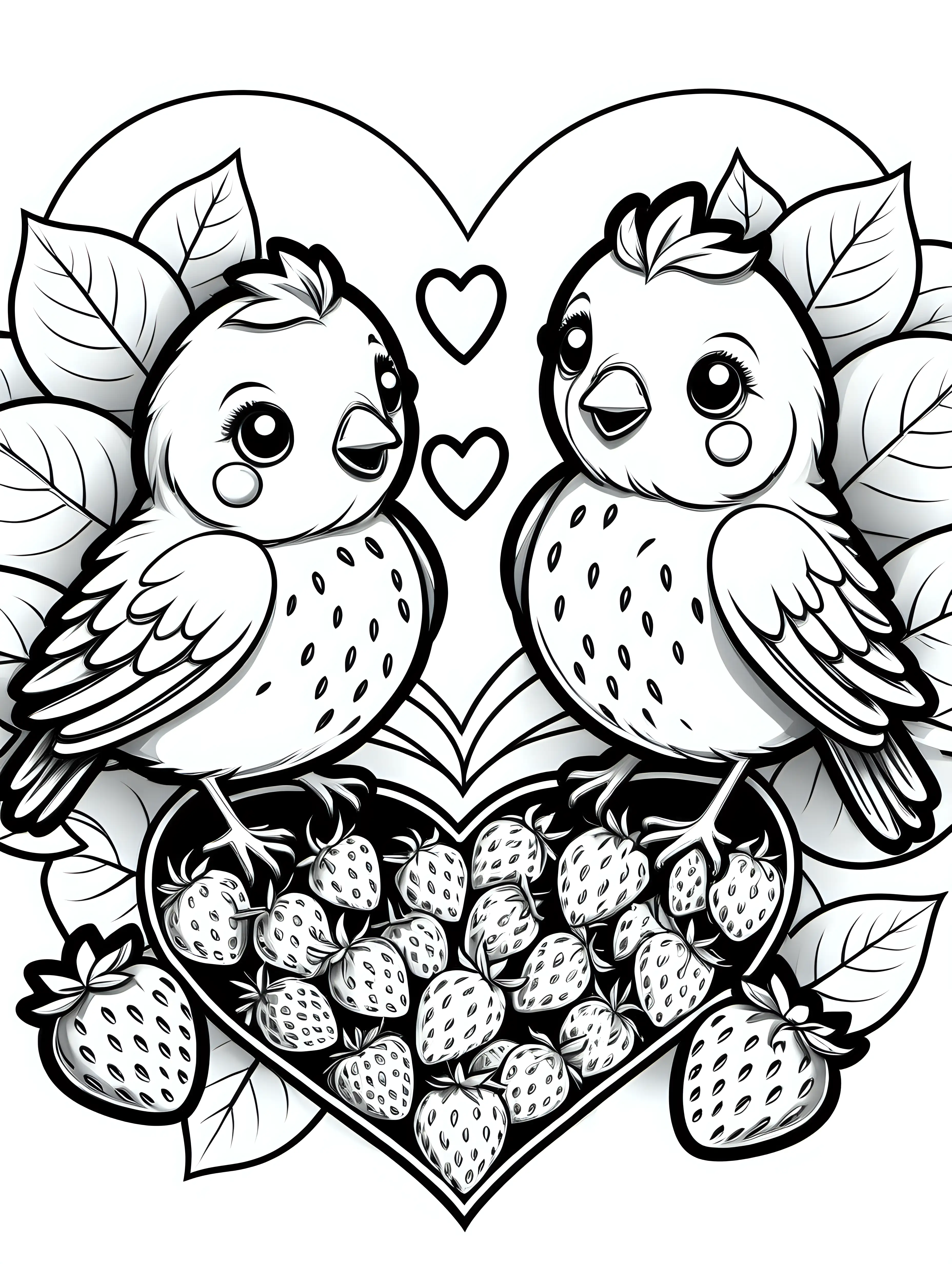 create a black line detailed sketch illustration coloring page of cute birds eating heart-shaped strawberries, crisp black outlines, no shading
