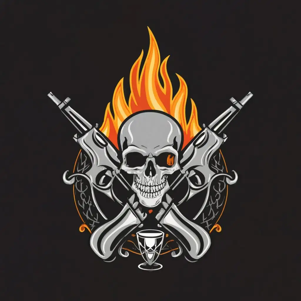 a logo design,with the text "The heretic", main symbol:Logo Symbol: pistol,fire,skull,chalice,complex,be used in Entertainment industry,clear background