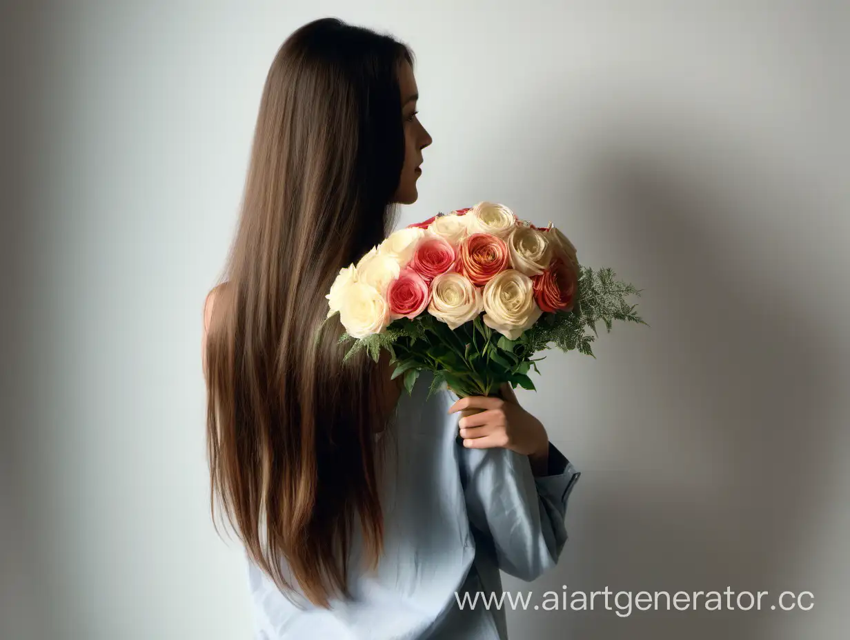  женщина повернута спиной к камере, держит букет цветов в руках, длинные волосы