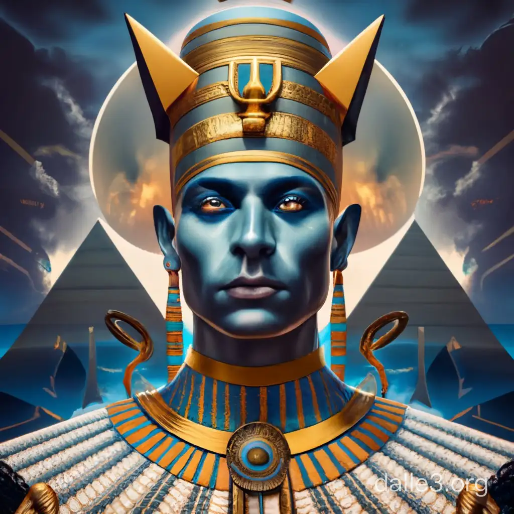 Egyptian god Seth. Piramids background. Dark, magic atmosphere. Hyper Realism 