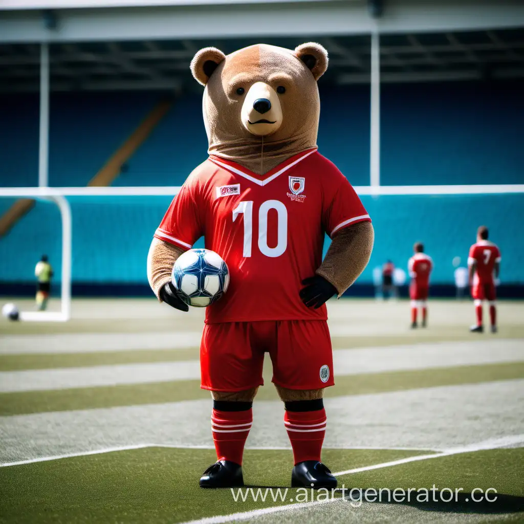 Человек в костюме медведя, ростовая кукла-символ команды, внутри человек, медведь костюм, красная футбольная форма, футболка, шорты, английский футбол, полный рост, худой медведь, голова больше, худой, костюм, классический футбол