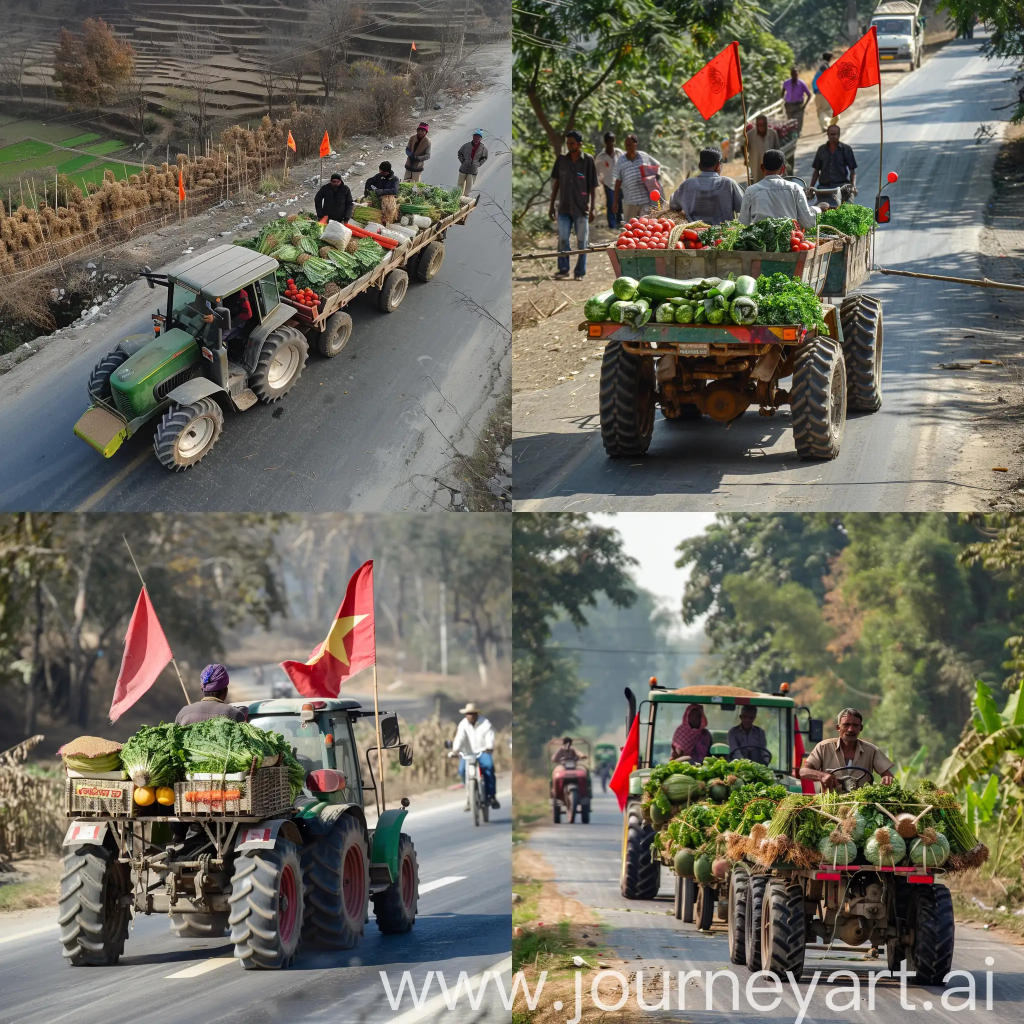 People turbon tractors farmers trolley loaded vegetables grain kisanflags road