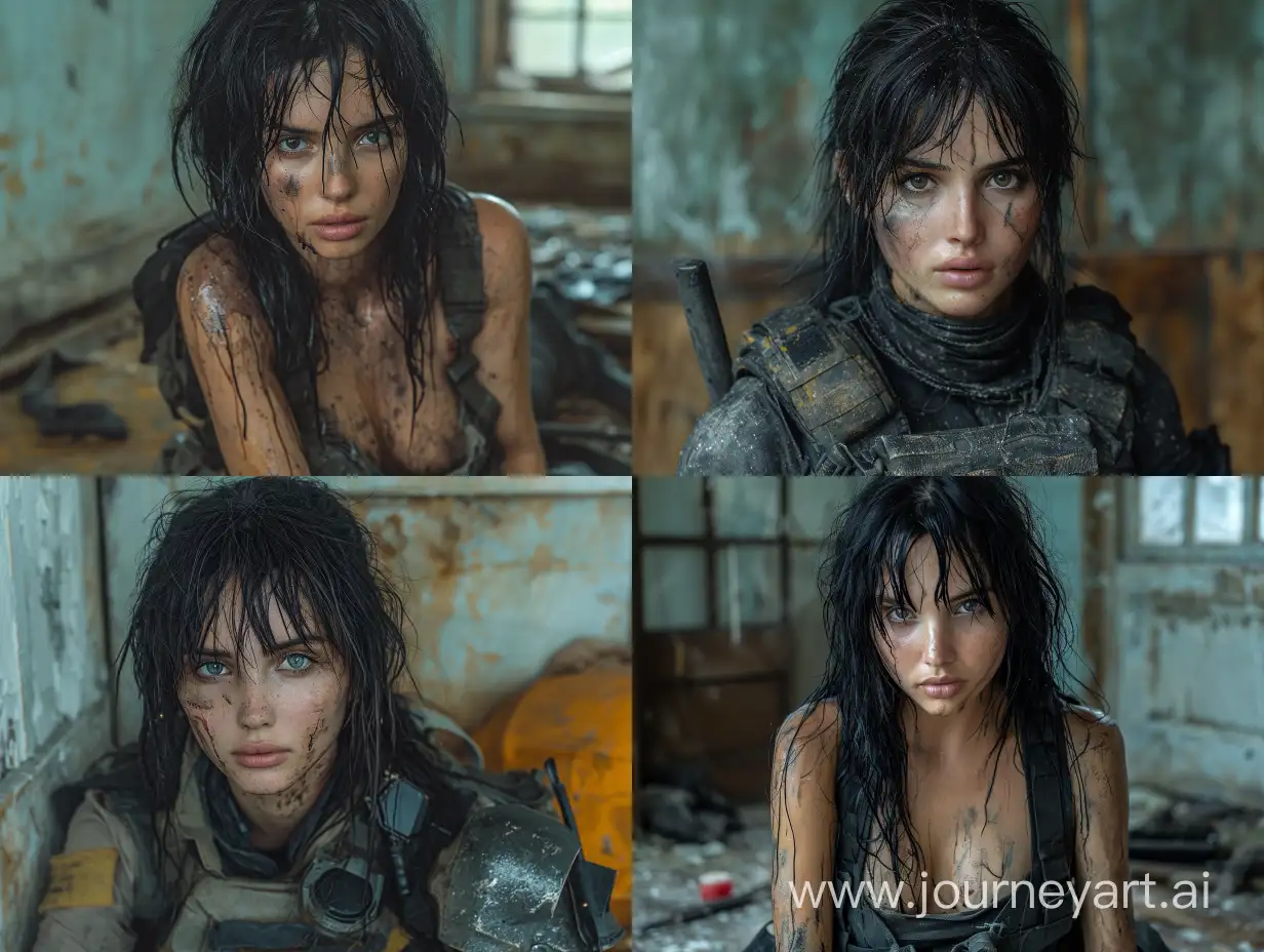 beautiful dirty mulatto Ana de Armas S.T.A.L.K.E.R mercenary black hair black platecarrier tactical helmet abandoned room --s 999 --style raw --v 6