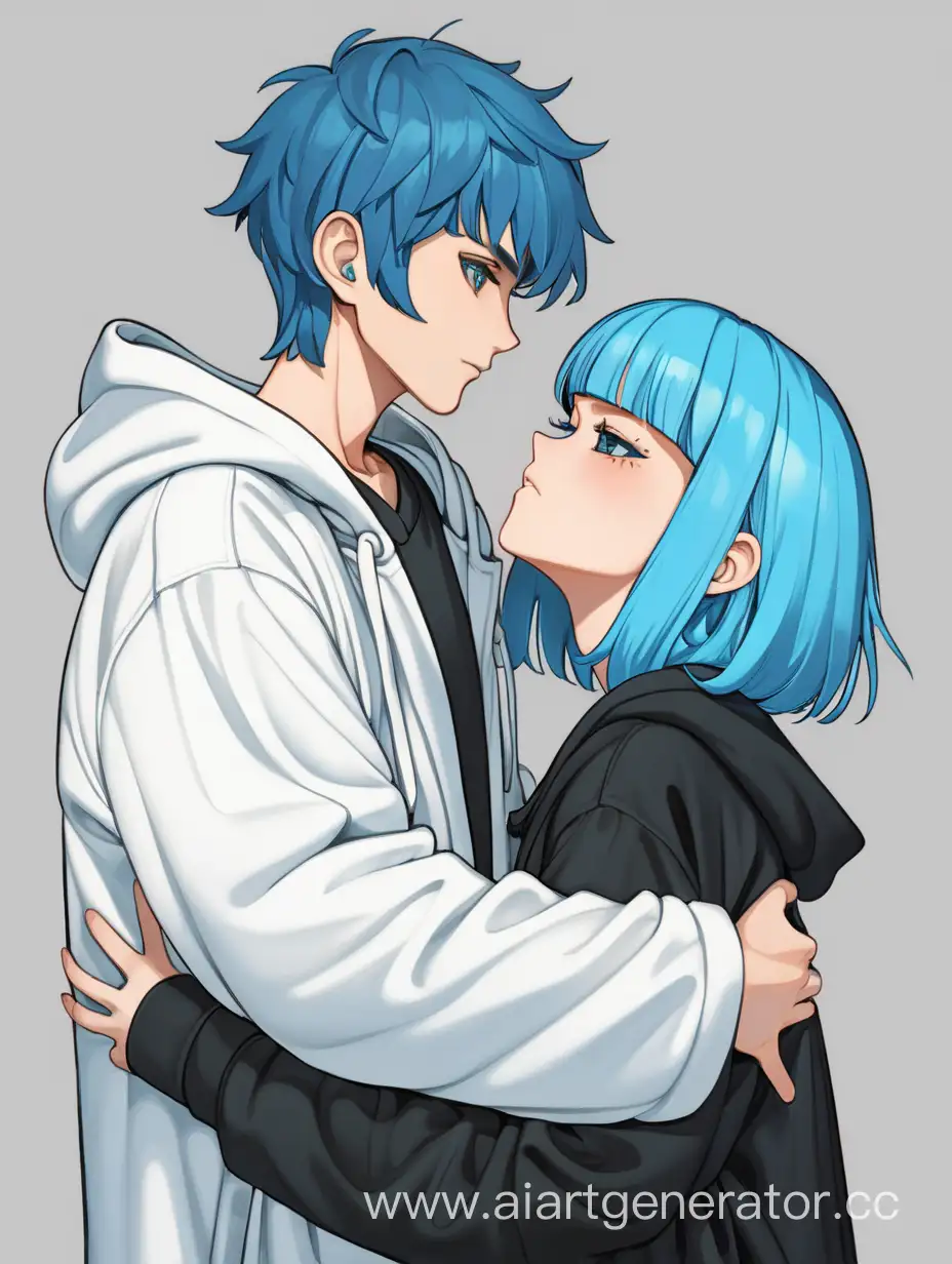 A tall girl with blue hair in a white robe hugs a guy in a black hoodie