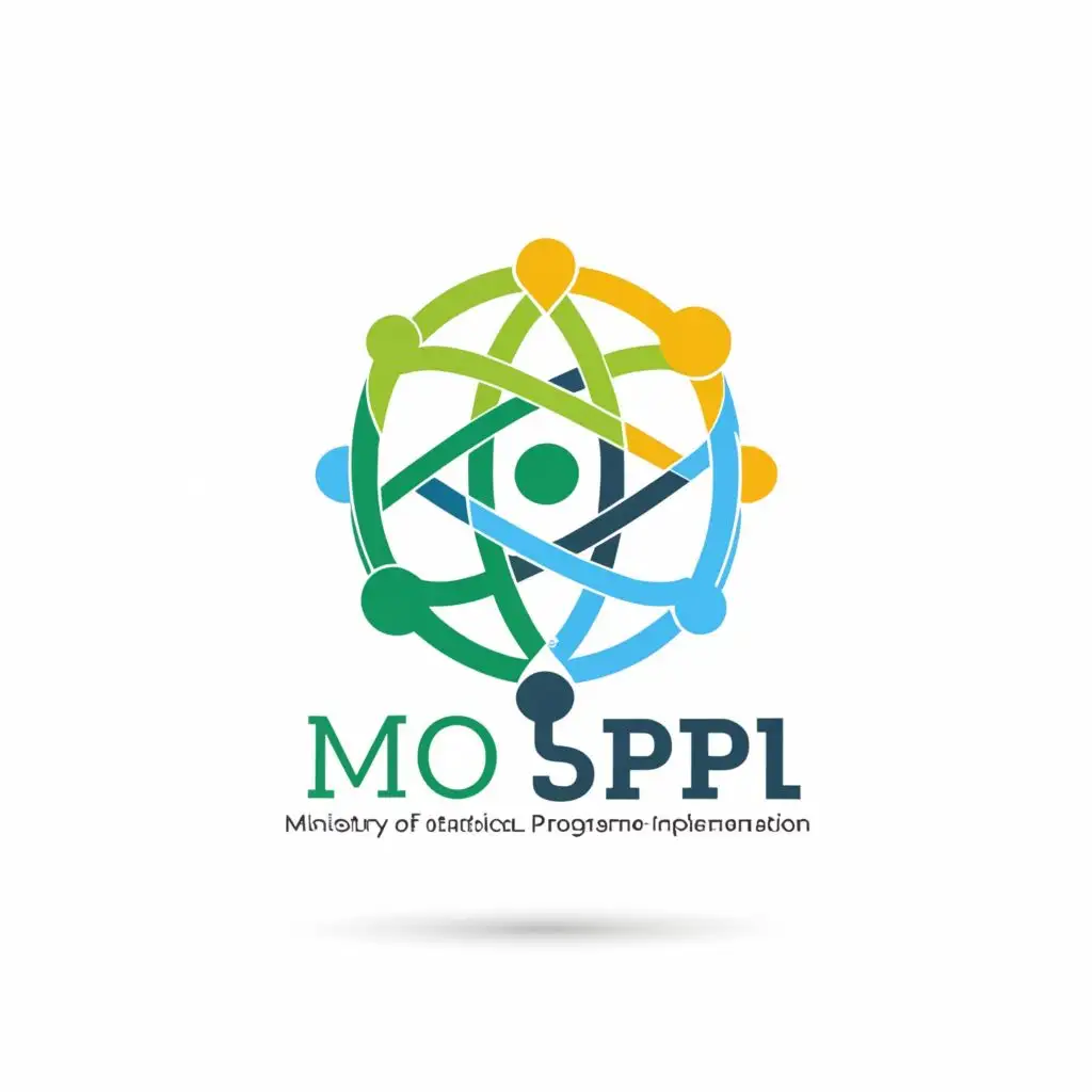 logo, "Create a logo for the Ministry of Statistics & Programme Implementation (MoSPI) with a concept of 'Data Flow Harmony.' Incorporate a stylized globe to represent national scale, flowing lines to symbolize dynamic data, and interconnected nodes for collaboration. Use a harmonious color palette, emphasizing shades of blue and green for trust and reliability. Include the acronym 'MoSPI' in a clean, modern font. The logo should convey precision, accuracy, and the seamless flow of information, reflecting MoSPI's commitment to reliable statistics and its impact on the nation.", with the text "Ministry of Statistics & Programme Implementation (MoSPI)", typography