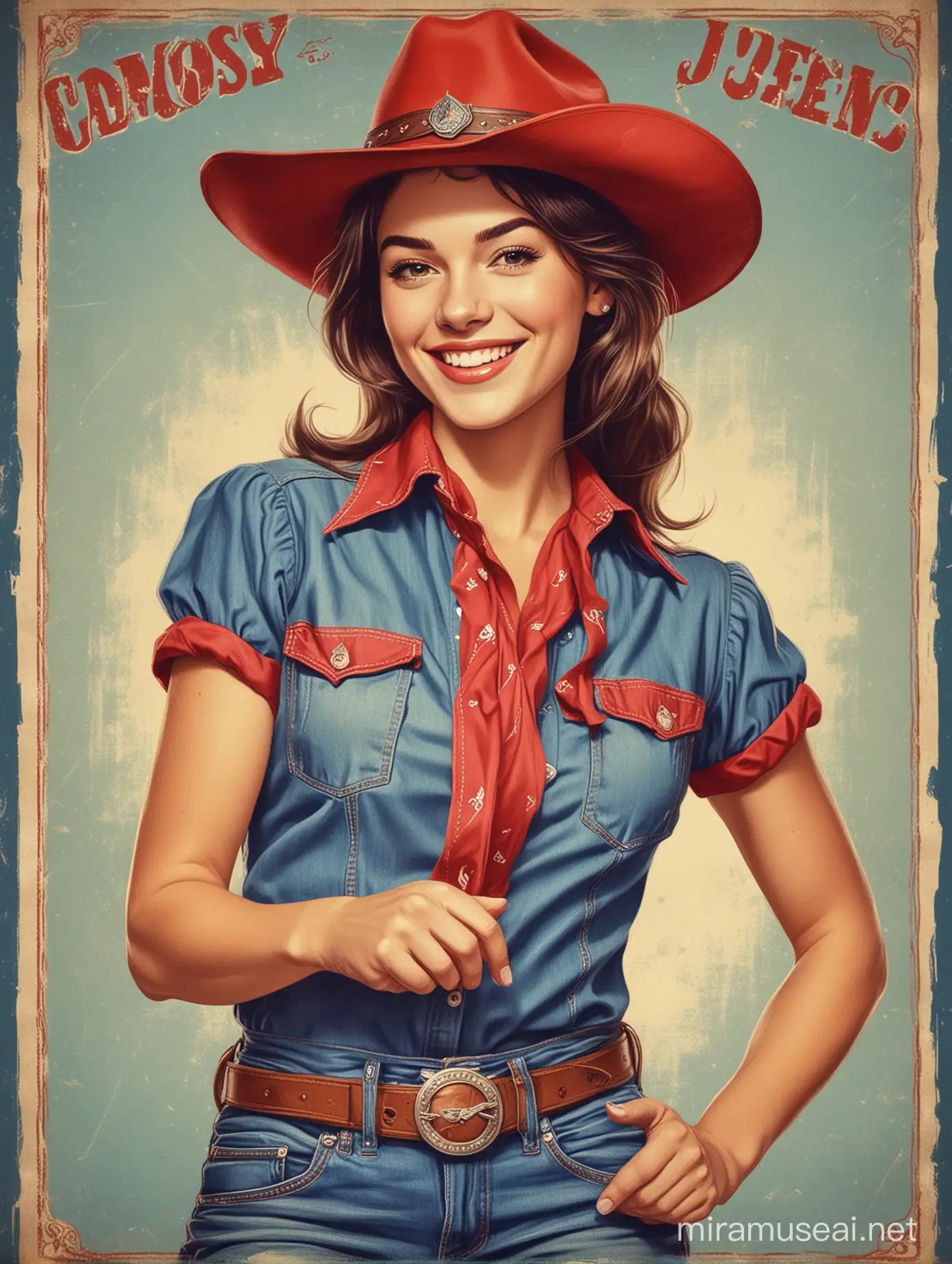 Create a design in retro vintage style, vintage cowboy poster, Vintage poster colors, Beautiful, cheerful, smiling young woman, wearing a red cowboy hat, wearing a blue jean cowboy shirt, 2D drawing, flat, vintage poster style,