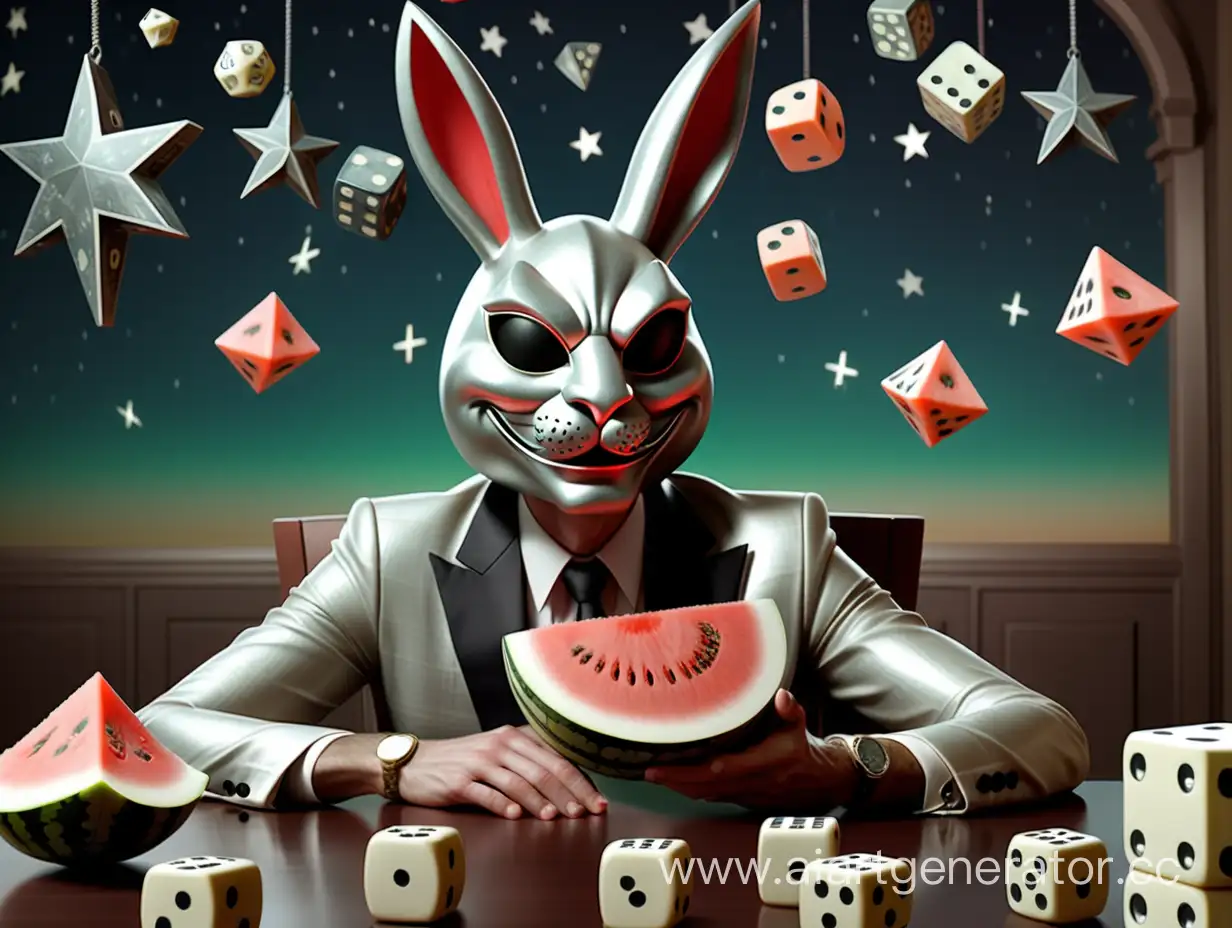 Богатый человек в маске серебристого кролика сидит за столом держит в руках арбузы на фоне игральные кости и звезды