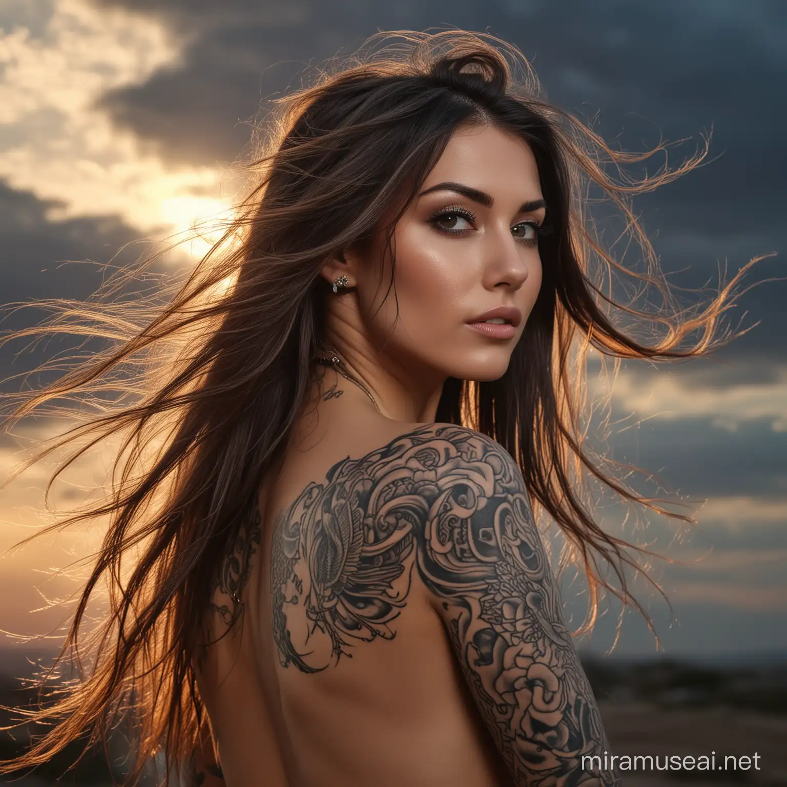 Beautiful Tattooed woman with long hair , sexy , top view, wind blowing her hair, extremely detailed face, intricate , sharp focus, shape lines , extremely detailed , Evening sky , shot from the back