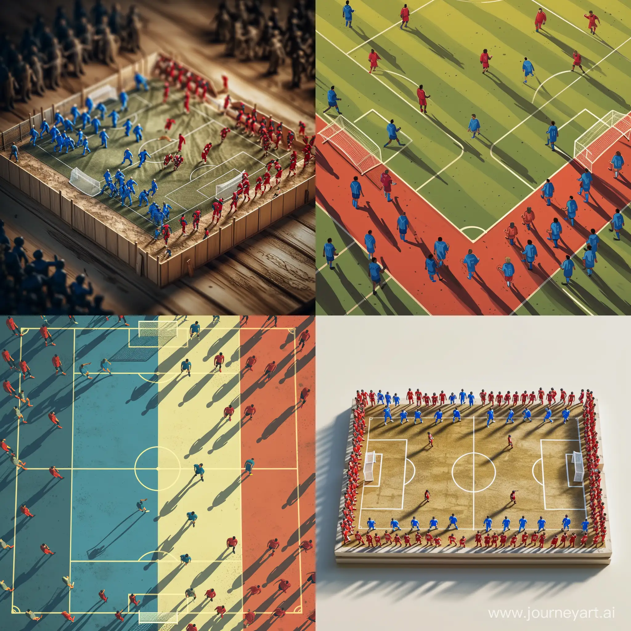 wimmelbilder illustration of a detailed cutaway soccer pitch with two teams, blue and red, each Has 11 players 