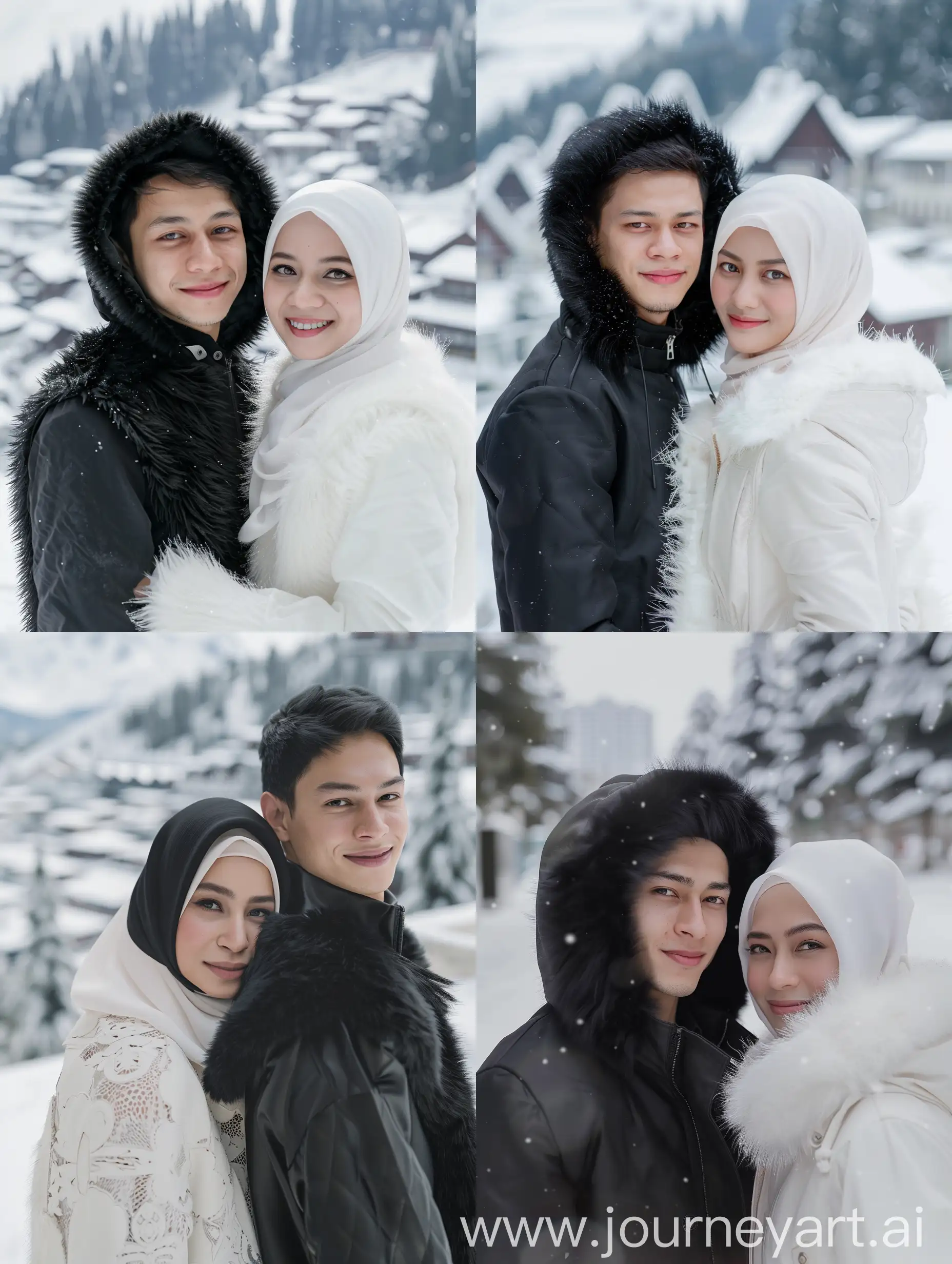 (8K, RAW Photo, Photography, Photorealistic, Realistic, Highest Quality, Intricate Details), Medium photo of 25 year old Indonesian man, fit, ideal body, oval face, white skin, natural skin, medium hair, wearing a cool black fur jacket, side by side with a 25 year old Indonesian woman wearing a white hijab, white jacket with cool fur, they smile facing the camera, their eyes look at the camera, the corners of their eyes are parallel to the beautiful view in the snow city.