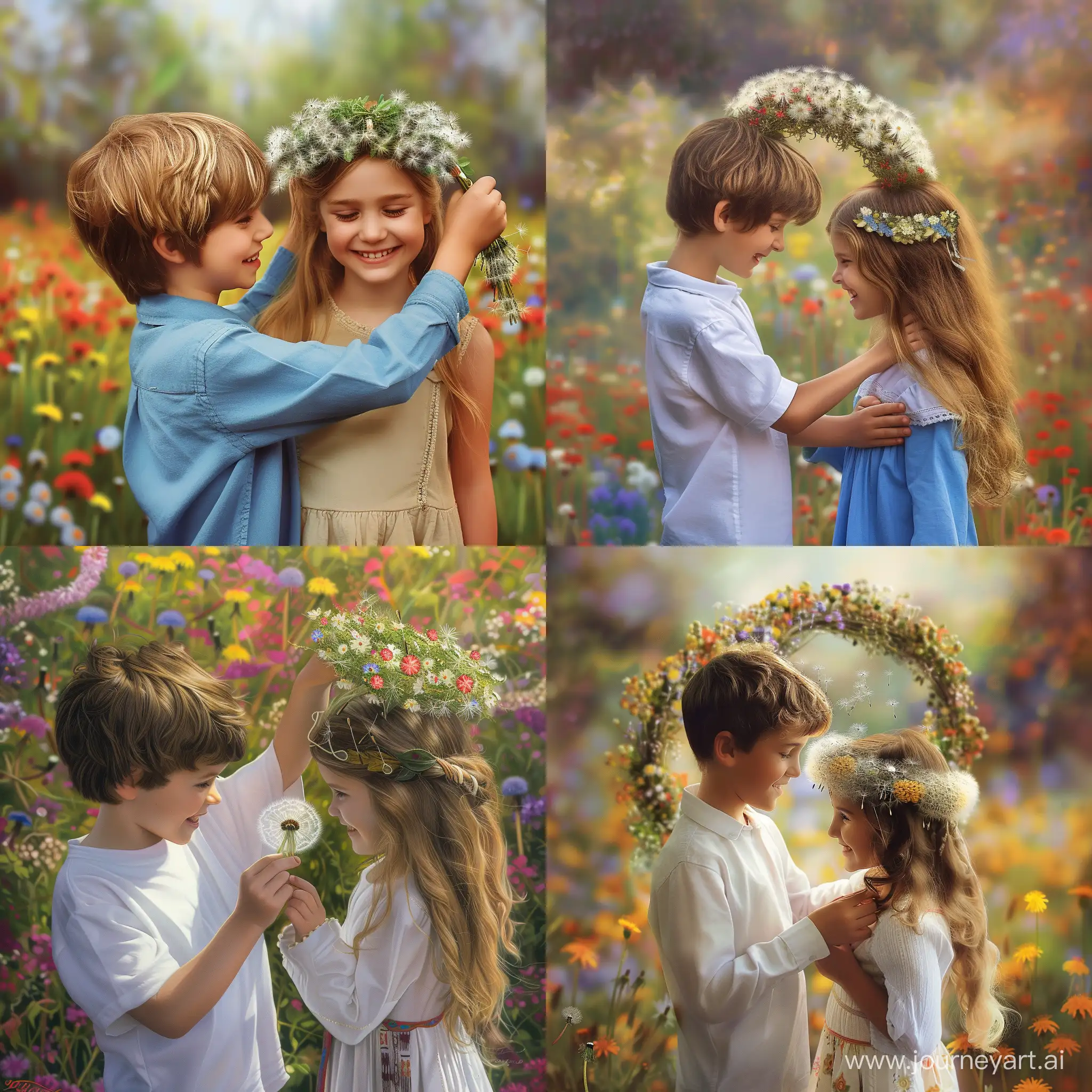Мальчик торжественно надевает на голову девочки венок из одуванчиков, смеющиеся дети, летний красочный цветущий луг, фотография, гиперреализм, высокое разрешение