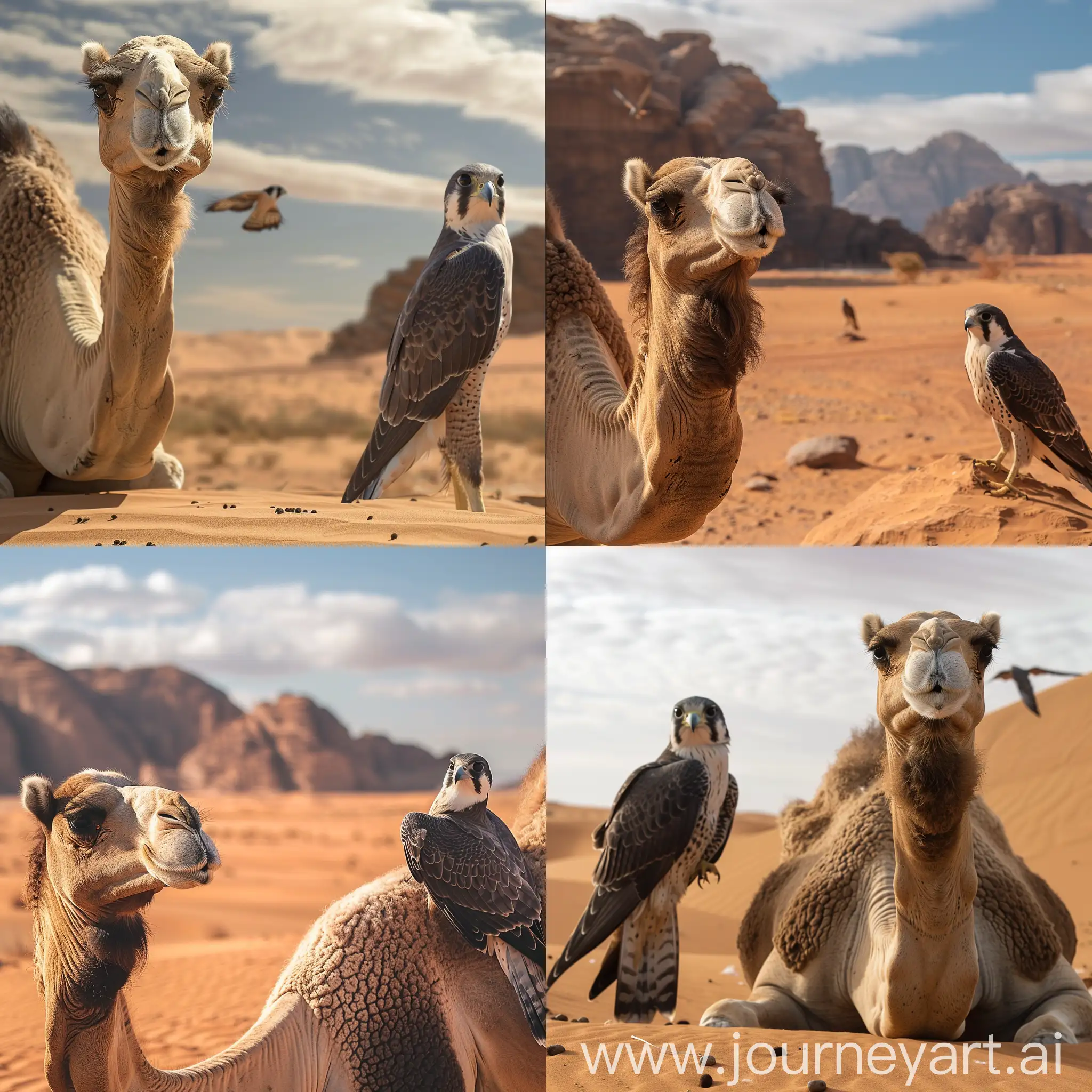 Majestic-Camel-and-Desert-Falcon-Encounter-in-Vast-Desert-Landscape