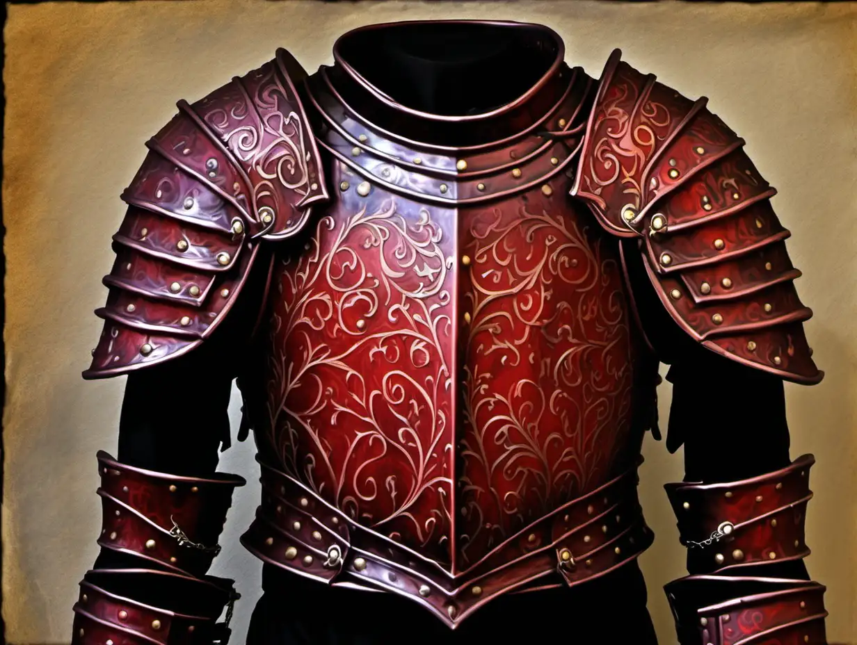 plate armor chest piece, besagews, red hue, Medieval shop stand, Medieval fantasy painting