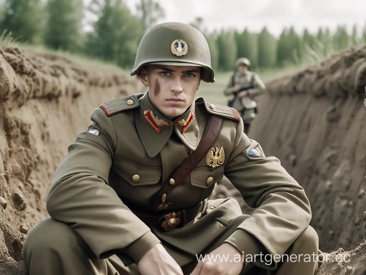 стиль Невероятные приключения ДжоДжо, военный, русский солдат в военной форме на поле боя сидит в окопах
