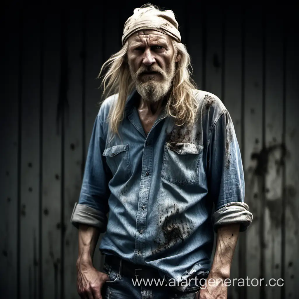 A middle-aged man with blond, long hair and a beard. His face is wrinkled and dirty. A long scar is visible on his face. Standing full-length in a ragged shirt, dirty jeans and a cap on his head.