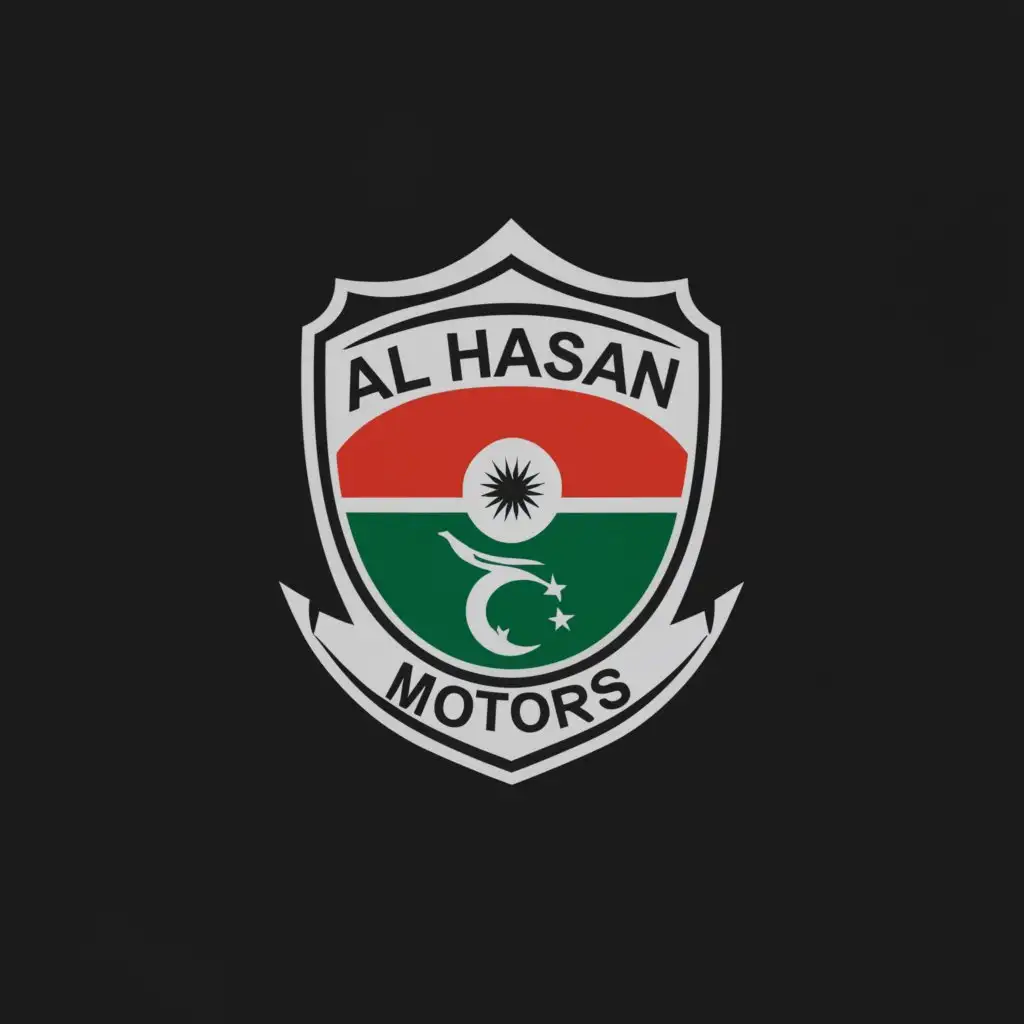 a logo design,with the text "AL HASAN MOTORS", main symbol:PAKISTAN FLAG  AND KENYAN FLAG SHIELD,Minimalistic,be used in Automotive industry,clear background