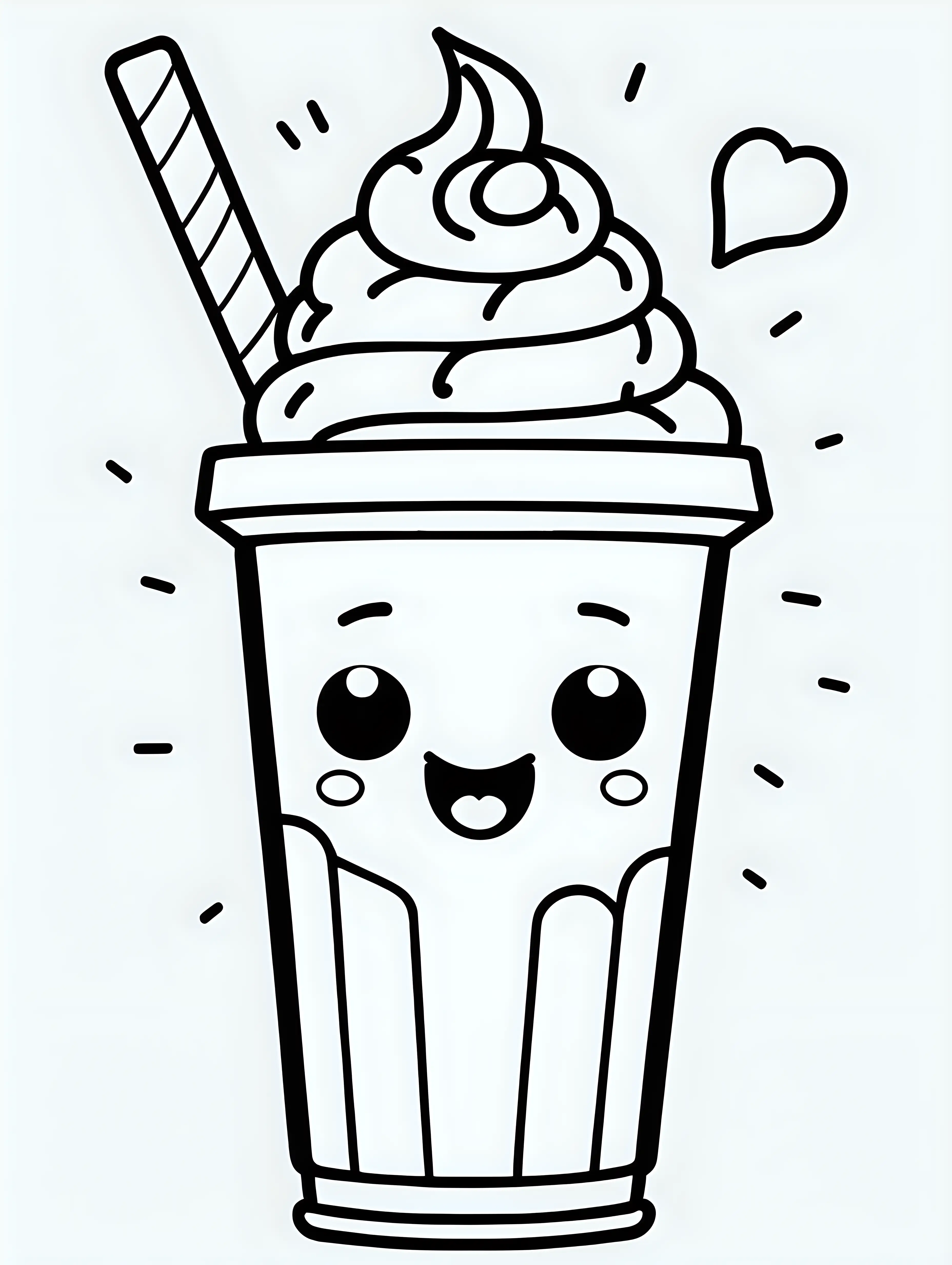 coloring book, cartoon drawing, clean black and white, single line, white background, large cute milkshake, emoji