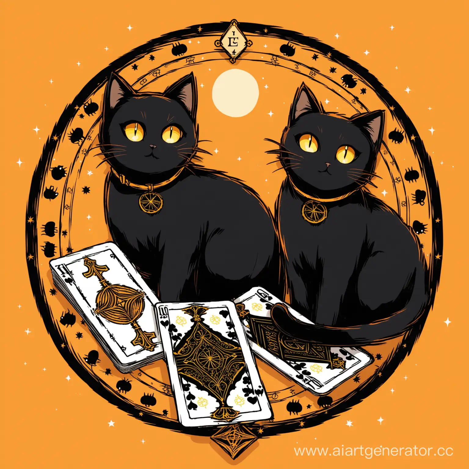 черные кошки с желтыми глазами с картами таро на нежно оранжевом фоне