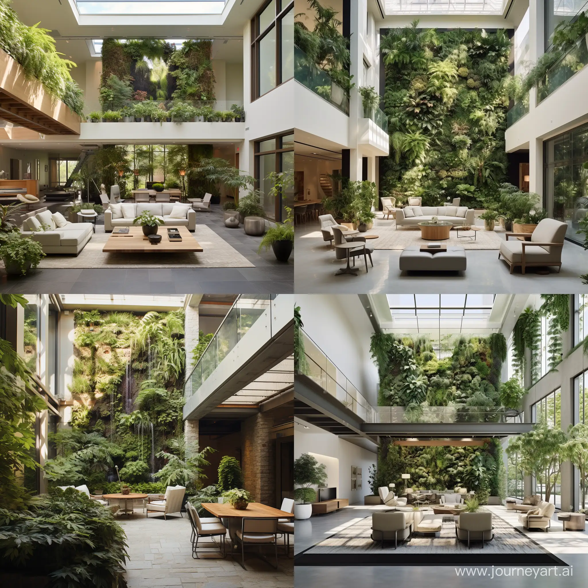 atrium in a rectangular small building of four floor- Emphasize vertical gardens on the walls surrounding the atrium, creating a seamless transition from the floors to the greenery-filled central space.
Select a diverse range of plant species to add texture, color, and seasonal interest.