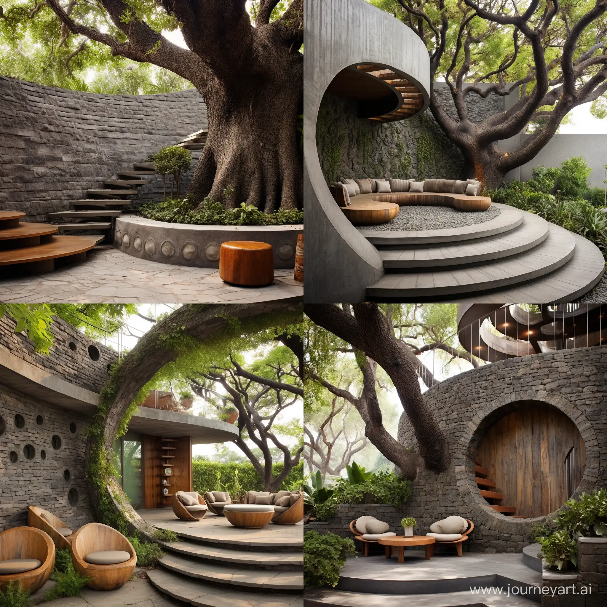 Enchanting-Garden-Circle-with-Concrete-Tower-and-Stone-Stairway
