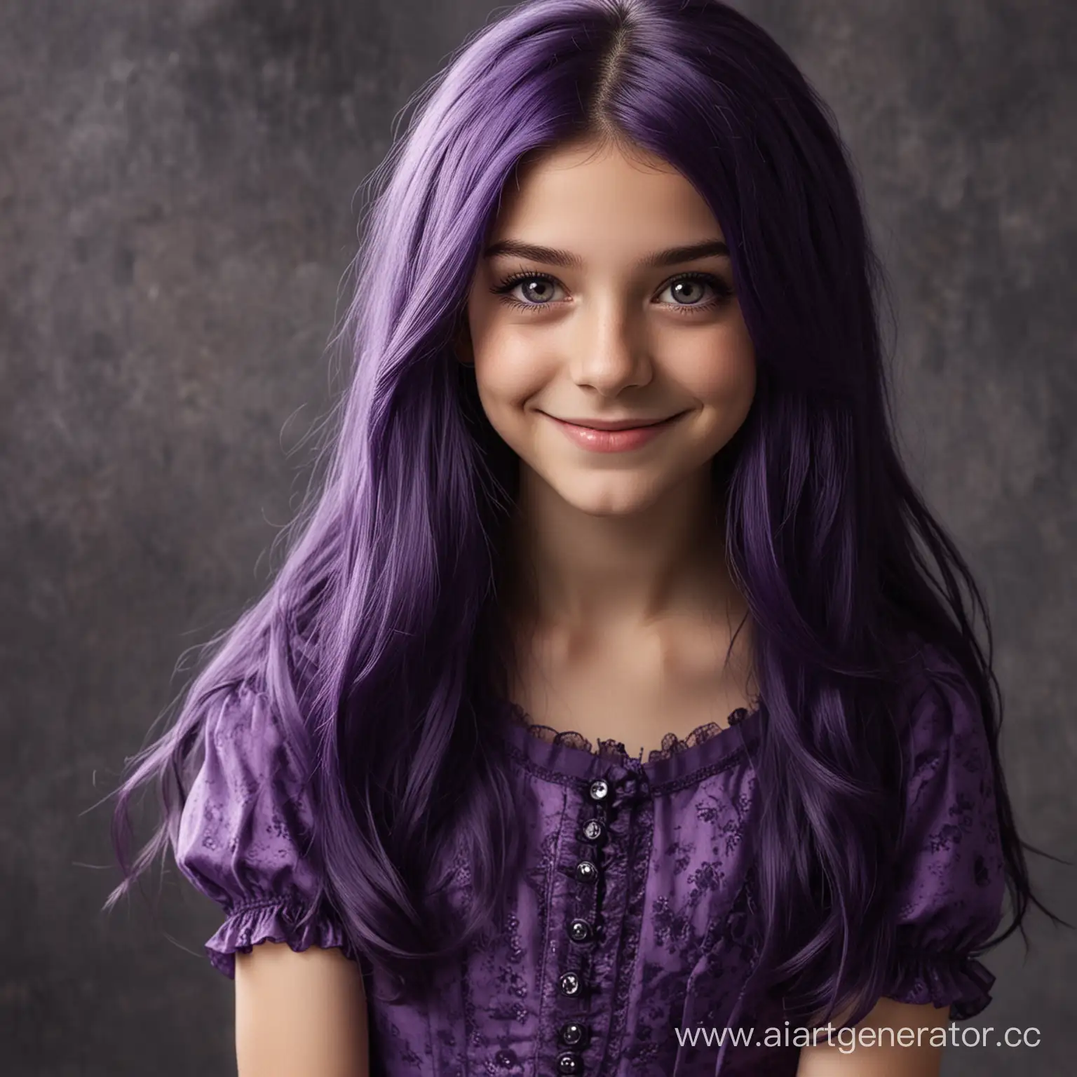 Девочка 13 лет, со злобной, хитрой улыбкой, с тёмно-фиолетовыми длинными волосами, фиолетовыми глазами, в фиолетовом платье 
