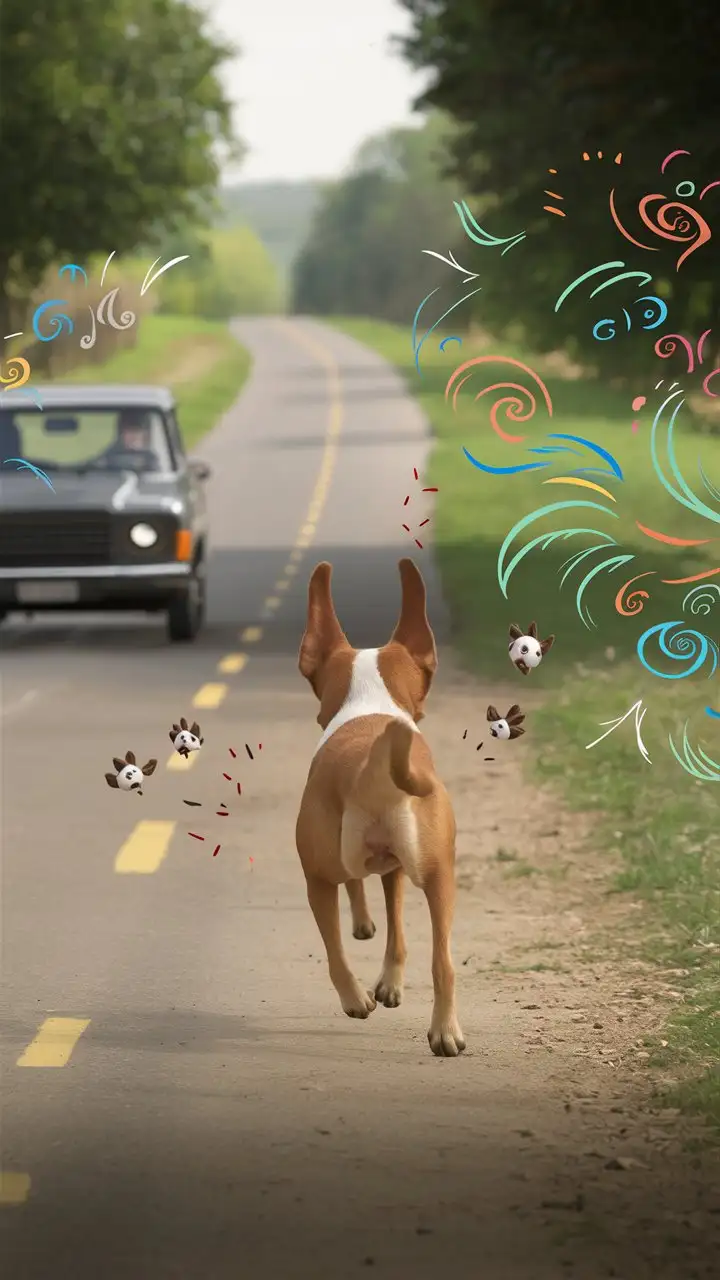 Create a 3D illustrator of an animated scene where  along a quiet village road. As a vehicle approaches in the distance, the dog's ears perk up, and it springs into action. With boundless energy, the dog darts after the passing vehicle, its barks echoing in the peaceful surroundings. Despite the futility of catching the speeding vehicle, the dog's determination and enthusiasm are palpable, adding a touch of whimsy to the rural setting. Beautiful, colourful and spirited background illustrations.