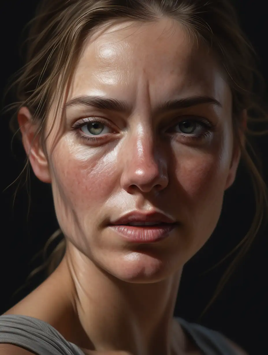 Creating a portrait of a woman mid-journey: Capture her strength in the lines on her face, the determination in her gaze, and the resilience reflected in the subtle shadows. Let the surroundings hint at the path she’s traversed, with a touch of both challenge and triumph in the details, ultra realistic skin texture and details, photorealistic 