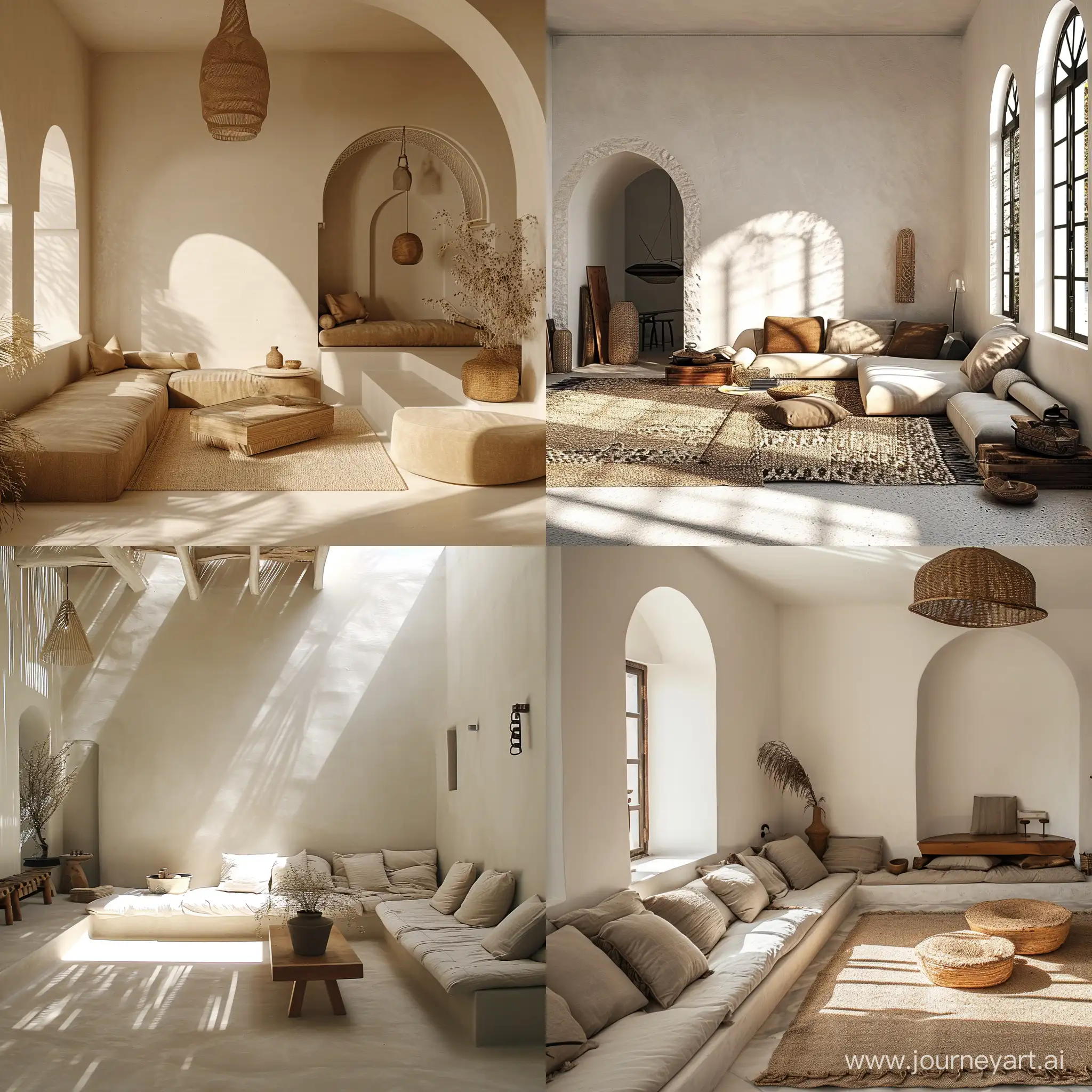 a photo of a gorgeous minimalistic cool Moroccan living room, natural colors, bright interior, volume sunlight