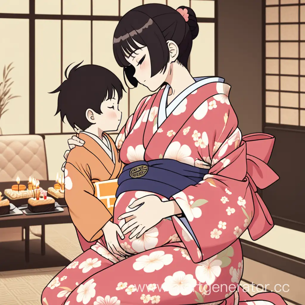 vintage anime overdue pregnant mother in kimono with little son caressing his mommy's belly in (birthday party)